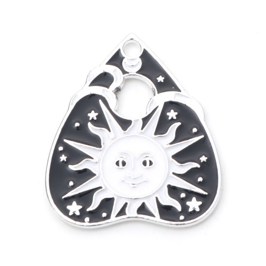 Picture of Zinc Based Alloy Halloween Charms Silver Tone Black & White Ouija Board Sun Enamel 26mm x 22mm, 10 PCs