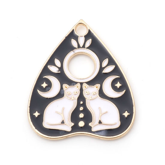 Picture of Zinc Based Alloy Halloween Charms Gold Plated Black & White Ouija Board Cat Enamel 26mm x 22mm, 10 PCs