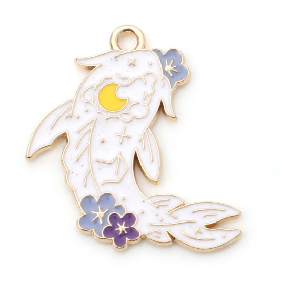 Bild von Zinklegierung Ozean Schmuck Charms Fisch Vergoldet Weiß Mond Emaille 27mm x 25mm, 10 Stück