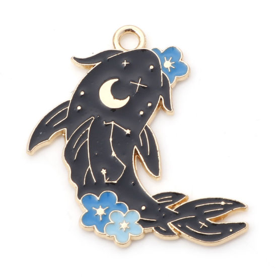 Bild von Zinklegierung Ozean Schmuck Charms Fisch Vergoldet Schwarz Mond Emaille 28mm x 26mm, 10 Stück