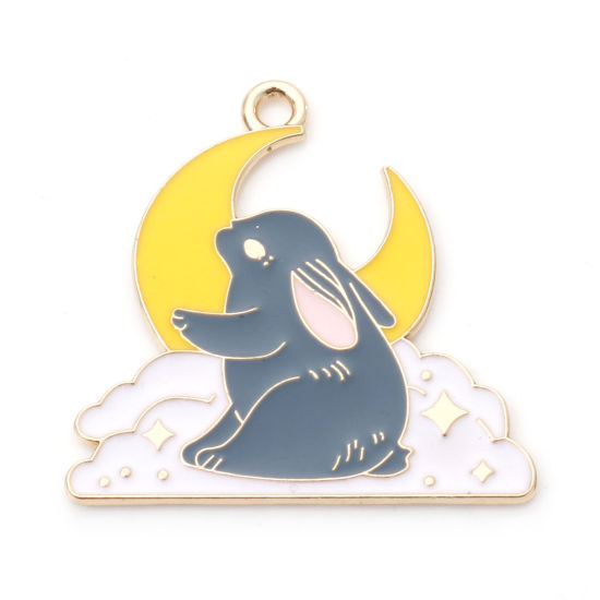 Bild von Zinklegierung Charms Hase Vergoldet Grau Mond Emaille 28mm x 28mm, 10 Stück