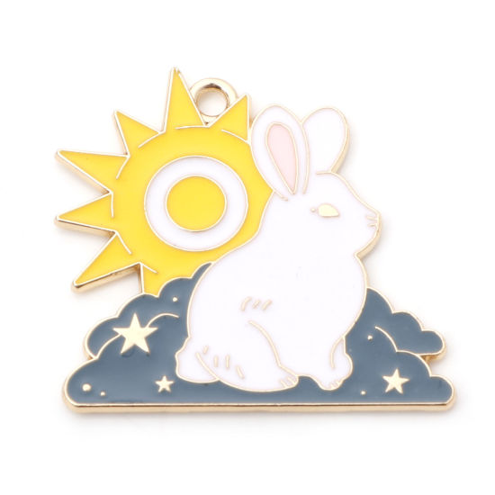 Bild von Zinklegierung Charms Hase Vergoldet Weiß Sonne Emaille 3cm x 2.8cm, 10 Stück