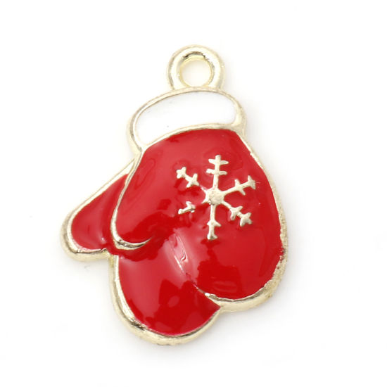 Immagine di Lega di Zinco Charms Guanti di Natale Oro Placcato Rosso Fiocco di Neve Smalto 21mm x 15mm , 10 Pz