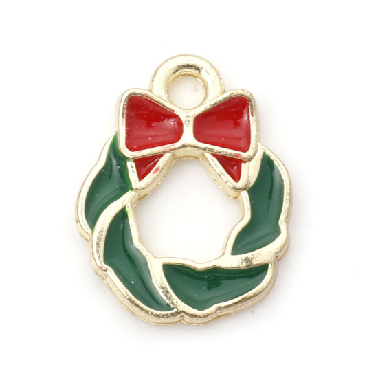Immagine di Lega di Zinco Charms Corona di Natale Oro Placcato Rosso & Verde Cravatta a Farfalla Smalto 15mm x 12mm , 10 Pz