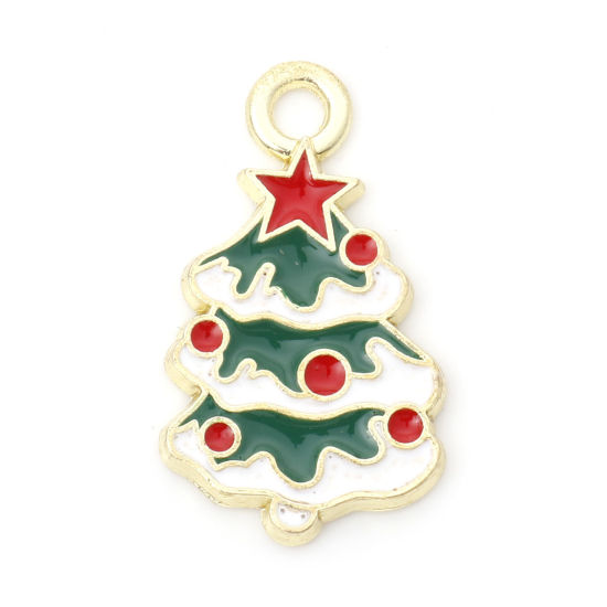 Immagine di Lega di Zinco Charms Albero di Natale Oro Placcato Rosso & Verde Stella a Cinque Punte Smalto 26mm x 15mm , 10 Pz