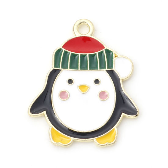 Immagine di Lega di Zinco Charms Pinguino Oro Placcato Multicolore Cappelli di Natale Smalto 22mm x 19mm , 10 Pz