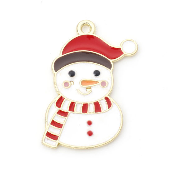 Immagine di Lega di Zinco Charms Pupazzo Natale Oro Placcato Bianco & Rosso Smalto 26mm x 19mm , 10 Pz