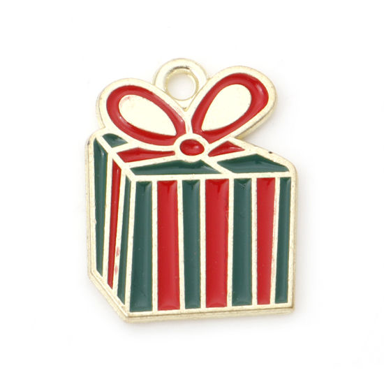 Immagine di Lega di Zinco Charms Contenitore di Regalo di Natale Oro Placcato Rosso & Verde Smalto 19mm x 15mm , 10 Pz
