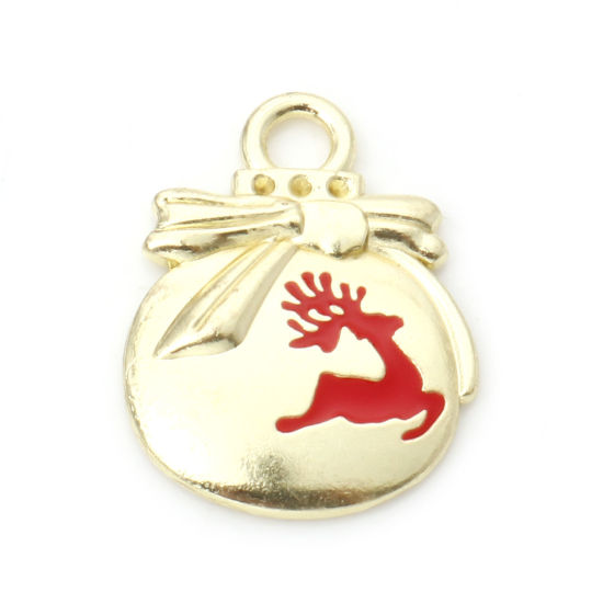 Immagine di Lega di Zinco Charms Renna di Natale Oro Placcato Rosso Bagattella di Natale Smalto 21mm x 16mm , 10 Pz
