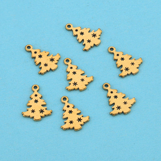 Picture of 304 Stainless Steel Charms 18K Gold Plated Christmas Tree Hollow 12mm x 9mm, 5 PCs