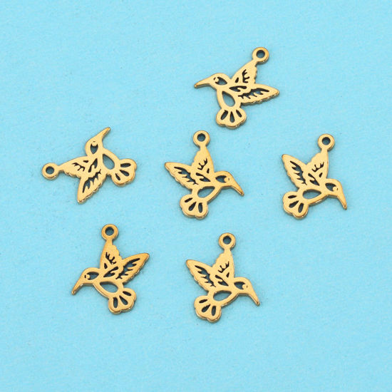 Picture of 304 Stainless Steel Charms 18K Gold Plated Bird Animal Hollow 12mm x 11mm, 5 PCs