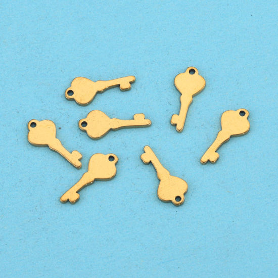 Picture of 304 Stainless Steel Charms 18K Gold Plated Key Hollow 12mm x 5mm, 5 PCs