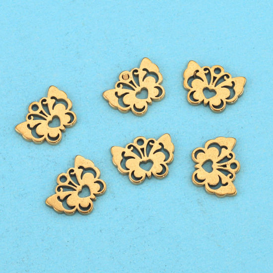 Picture of 304 Stainless Steel Charms 18K Gold Plated Butterfly Animal Hollow 10mm x 8mm, 5 PCs