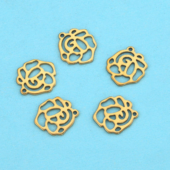 Picture of 304 Stainless Steel Charms 18K Gold Plated Rose Flower Hollow 13mm x 12mm, 5 PCs