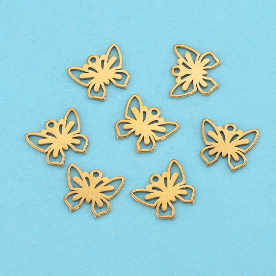 Picture of 304 Stainless Steel Charms 18K Gold Plated Butterfly Animal Hollow 10mm x 11.5mm, 5 PCs