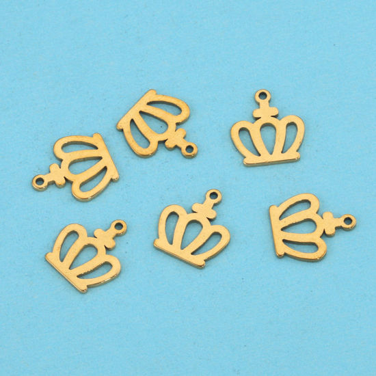 Picture of 304 Stainless Steel Charms 18K Gold Plated Crown Hollow 12mm x 10mm, 5 PCs