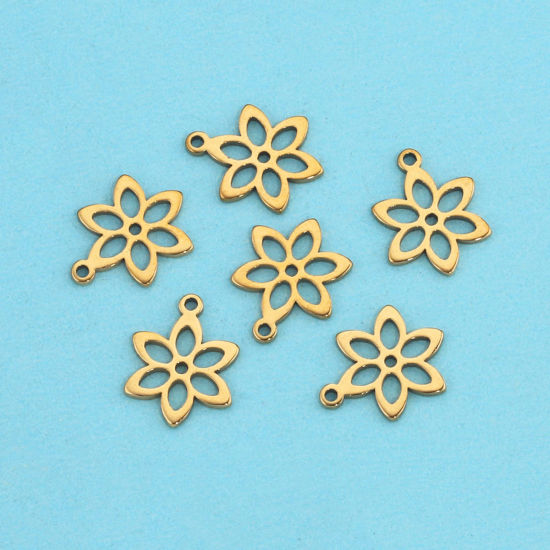 Picture of 304 Stainless Steel Charms 18K Gold Plated Flower Hollow 12mm x 9mm, 5 PCs