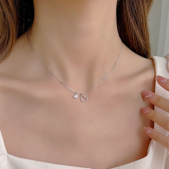 Picture of Brass Valentine's Day Pendant Necklace Heart Platinum Plated Hollow Clear Rhinestone 40cm(15 6/8") long, 1 Piece                                                                                                                                              