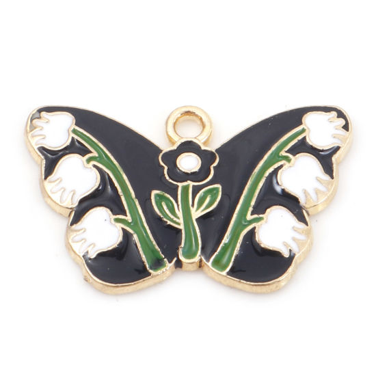 Imagen de Zamak Insecto Colgantes Charms Mariposa Chapado en Oro Negro Flor de Tulipán Esmalte 28mm x 18mm, 10 Unidades