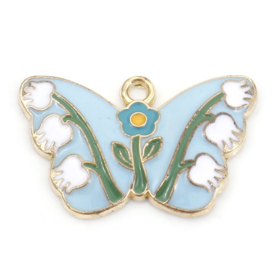 Imagen de Zamak Insecto Colgantes Charms Mariposa Chapado en Oro Azul Flor de Tulipán Esmalte 28mm x 18mm, 10 Unidades