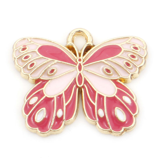 Bild von Zinklegierung Insekt Charms Schmetterling Vergoldet Rosa Emaille 22mm x 18mm, 10 Stück