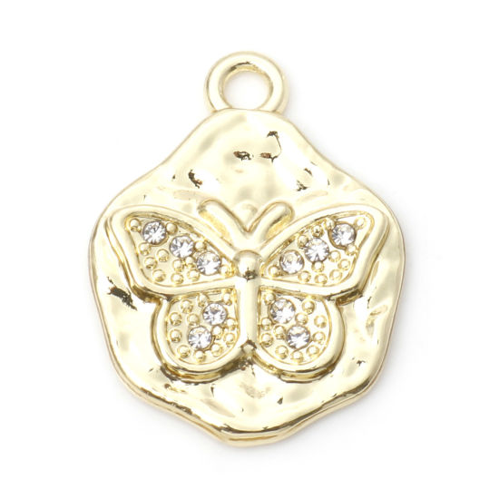 Picture of Zinc Based Alloy Insect Charms Gold Plated Irregular Butterfly Clear Rhinestone 24mm x 18mm, 10 PCs