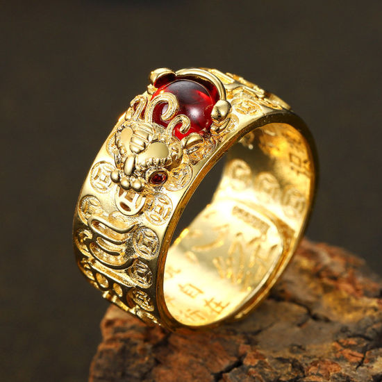 Picture of Brass Religious Open Adjustable Rings Chinese Beast Pi Xiu Buddhist Six Words Mantra Gold Plated Red Imitation Gemstones 20mm(US Size 10.25), 1 Piece                                                                                                         
