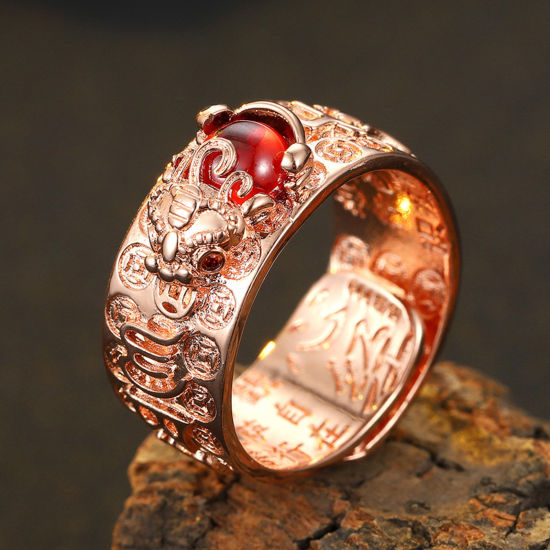 Picture of Brass Religious Open Adjustable Rings Chinese Beast Pi Xiu Buddhist Six Words Mantra Rose Gold Red Imitation Gemstones 20mm(US Size 10.25), 1 Piece                                                                                                           
