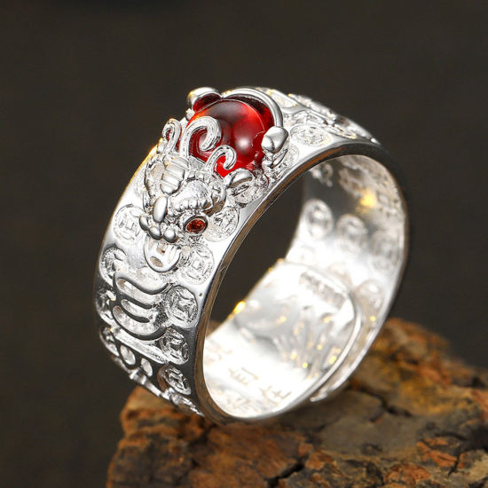 Picture of Brass Religious Open Adjustable Rings Chinese Beast Pi Xiu Buddhist Six Words Mantra Silver Tone Red Imitation Gemstones 20mm(US Size 10.25), 1 Piece                                                                                                         