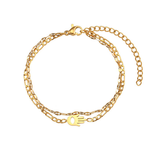 Bild von 304 Edelstahl Figaro Kette Mehrschichtiges Armband Vergoldet Hamsa Symbol Hand 15cm lang, 1 Strang