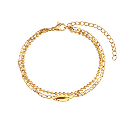 Bild von 304 Edelstahl Figaro Kette Mehrschichtiges Armband Vergoldet Feder 15cm lang, 1 Strang