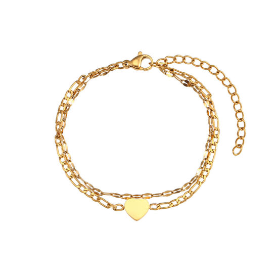 Bild von 304 Edelstahl Figaro Kette Mehrschichtiges Armband Vergoldet Herz 15cm lang, 1 Strang