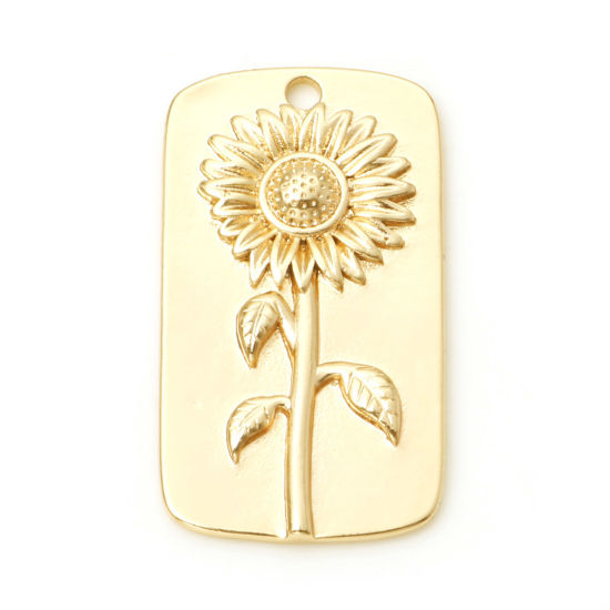 Immagine di Ottone Charms Rettangolo Vero Oro Placcato Girasole 28mm x 16mm, 2 Pz