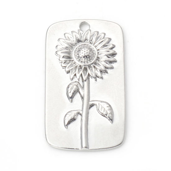 Immagine di Ottone Charms Rettangolo Vero Platino Placcato Girasole 28mm x 16mm, 2 Pz