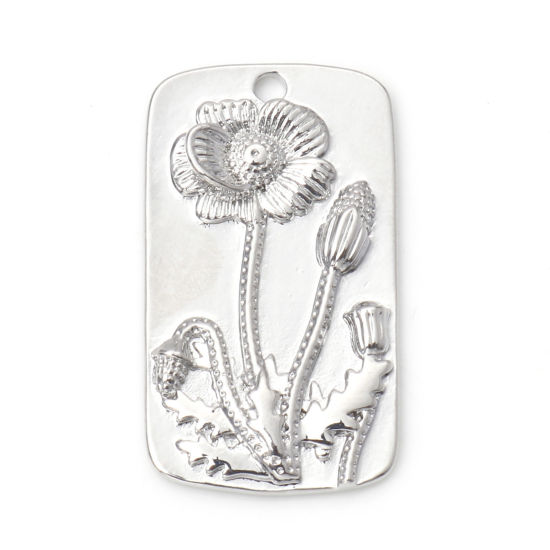 Immagine di Ottone Charms Rettangolo Vero Platino Placcato Papavero 28mm x 16mm, 2 Pz