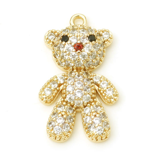 Immagine di Ottone Micro Intarsio Charms Orso Vero Oro Placcato Trasparente Cubic Zirconiae 26mm x 15mm, 1 Pz