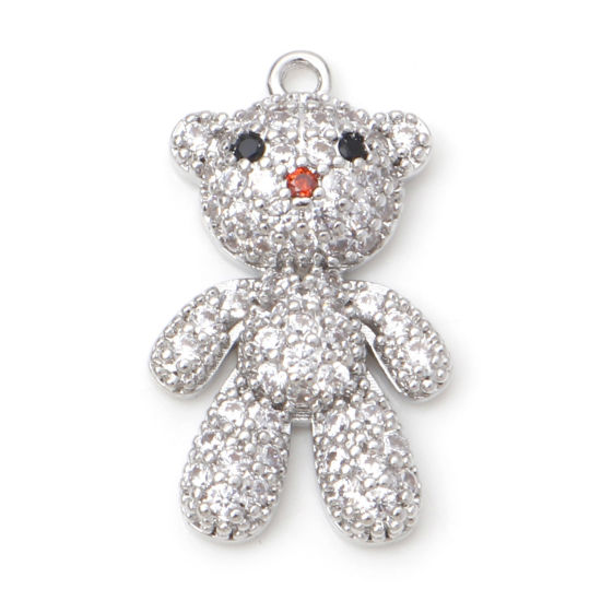 Immagine di Ottone Micro Intarsio Charms Orso Vero Platino Placcato Trasparente Cubic Zirconiae 26mm x 15mm, 1 Pz
