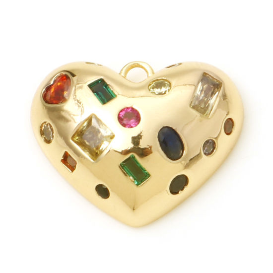 Picture of Brass Valentine's Day Charms Heart Real Gold Plated Micro Pave Multicolour Cubic Zirconia 18mm x 15mm, 1 Piece