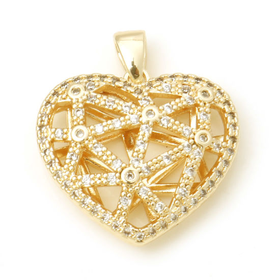 Picture of 1 Piece Brass Valentine's Day Charm Pendant Real Gold Plated Heart Micro Pave Clear Cubic Zirconia 23mm x 21mm