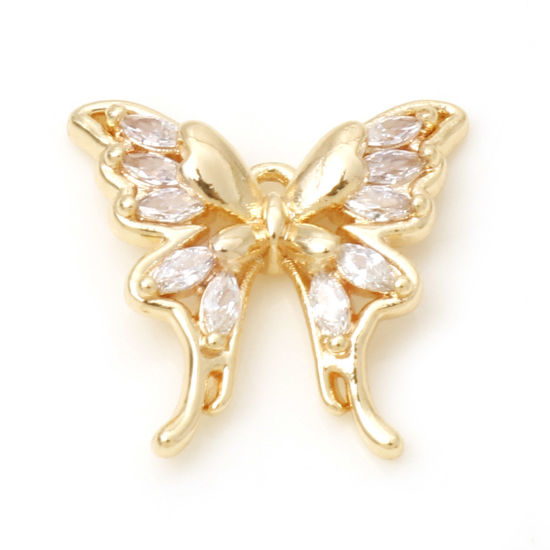 Picture of Brass Insect Charms Butterfly Animal Real Gold Plated Clear Cubic Zirconia 16mm x 16mm, 1 Piece