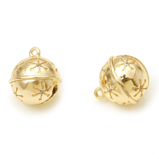 Bild von Messing Weihnachten Charms Glocke Echtgold plattiert Schneeflocke 3D Klar Zirkonia 12mm x 11mm, 1 Stück