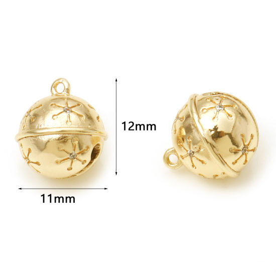 Bild von Messing Weihnachten Charms Glocke Echtgold plattiert Schneeflocke 3D Klar Zirkonia 12mm x 11mm, 1 Stück