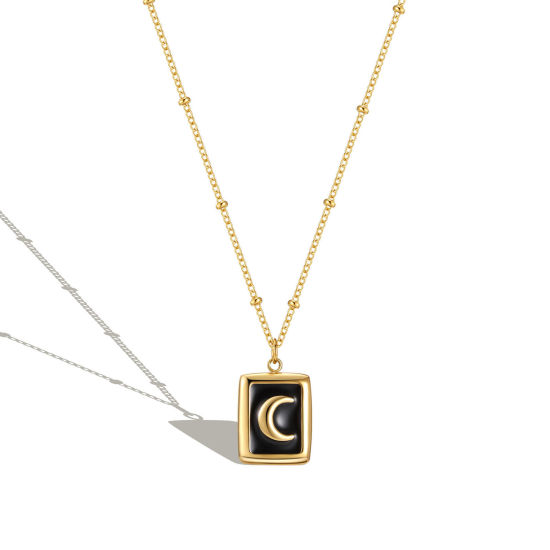 Imagen de 304 Acero Inoxidable Elegante Cable Cadena Cruz Collares Chapado en Oro Negro Rectángulo Luna Esmalte 45cm longitud, 1 Unidad