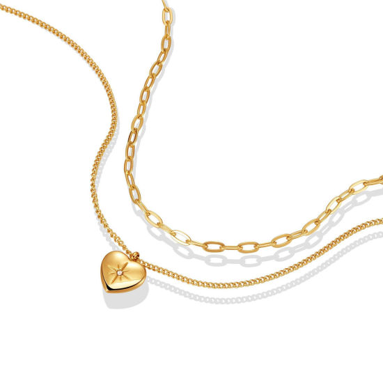 Imagen de 304 Acero Inoxidable Elegante Cable Cadena Cruz Collar Múltiples Capas Chapado en Oro Corazón 45cm longitud, 1 Unidad