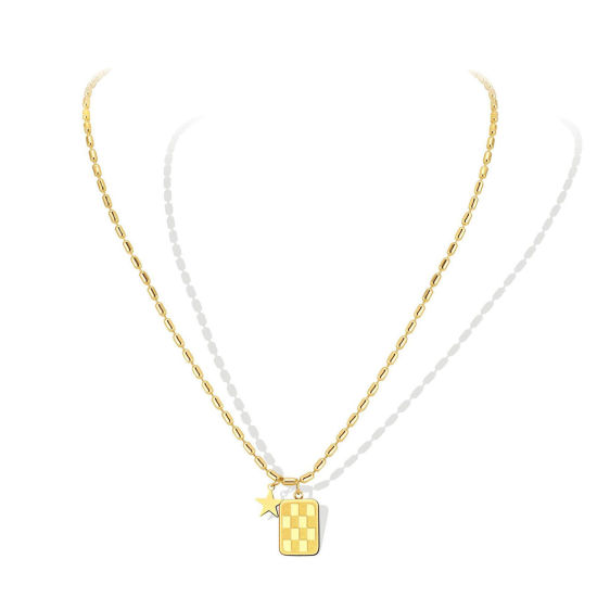 Imagen de 304 Acero Inoxidable Elegante Cable Cadena Cruz Collares Chapado en Oro Rectángulo Estrella 45cm longitud, 1 Unidad