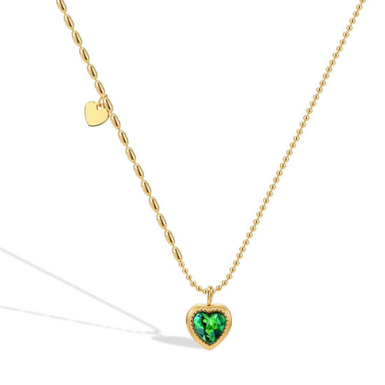 Imagen de 304 Acero Inoxidable Elegante Cable Cadena Cruz Collares Chapado en Oro Corazón Verde Rhinestone 45cm longitud, 1 Unidad