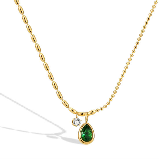 Imagen de 304 Acero Inoxidable Elegante Cable Cadena Cruz Collares Chapado en Oro Gota Verde Rhinestone 45cm longitud, 1 Unidad