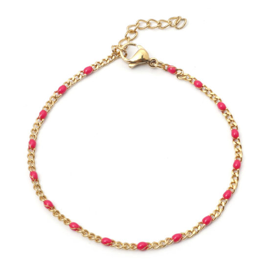 Picture of 1 Piece Vacuum Plating 304 Stainless Steel Cuban Link Chain Bracelets Gold Plated Fuchsia Enamel 17cm(6 6/8") long