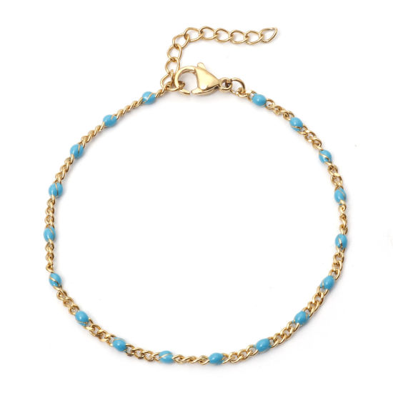Picture of 1 Piece Vacuum Plating 304 Stainless Steel Cuban Link Chain Bracelets Gold Plated Blue Enamel 17cm(6 6/8") long