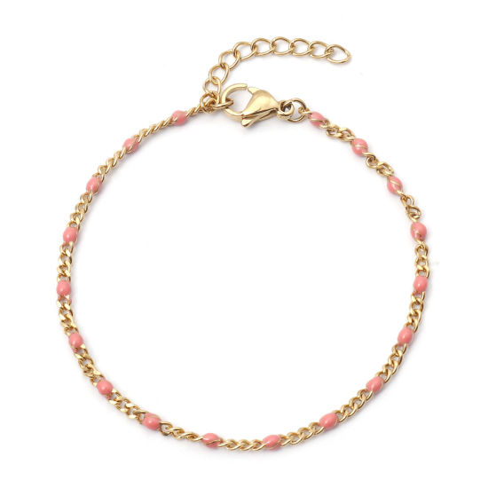 Picture of 1 Piece Vacuum Plating 304 Stainless Steel Cuban Link Chain Bracelets Gold Plated Pink Enamel 17cm(6 6/8") long